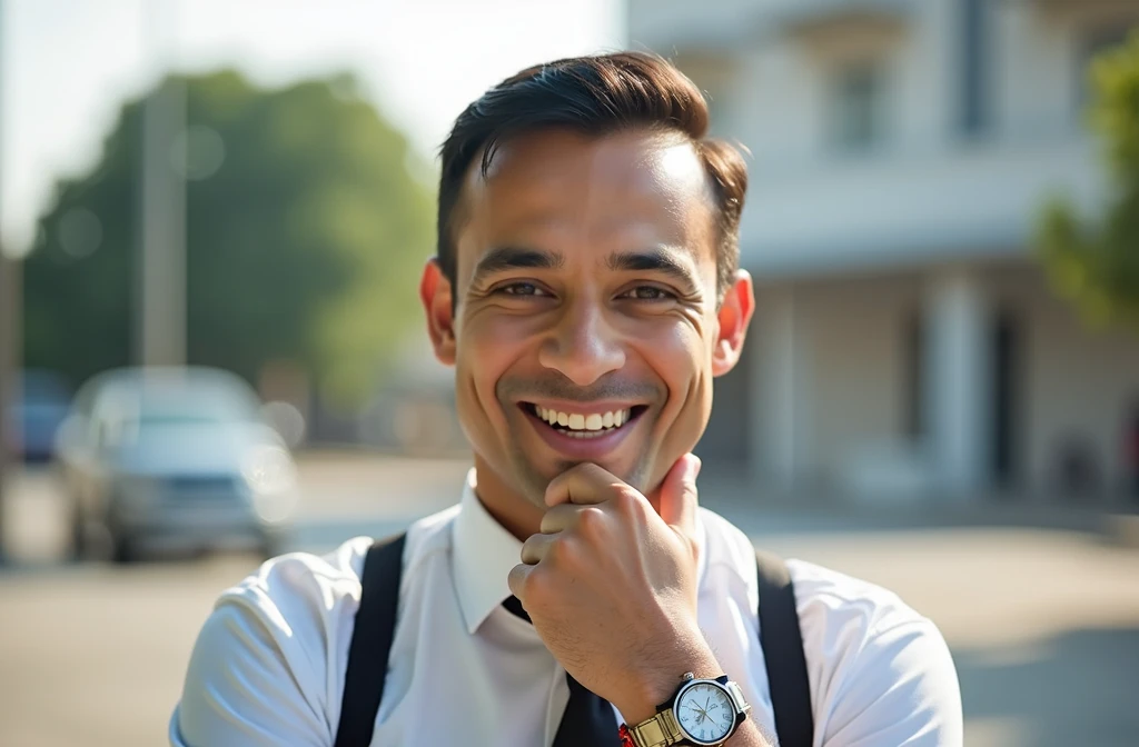 Dark hair and confident smile. He is wearing a black tie and a blazer over a white shirt.. The man wears a watch on his left hand and a red rakhi on his right hand. The sun is shining through the window, the office is busy working on the computer and the mug cup body on the table has Engr.PK Gosh written on it. He is posing for profile