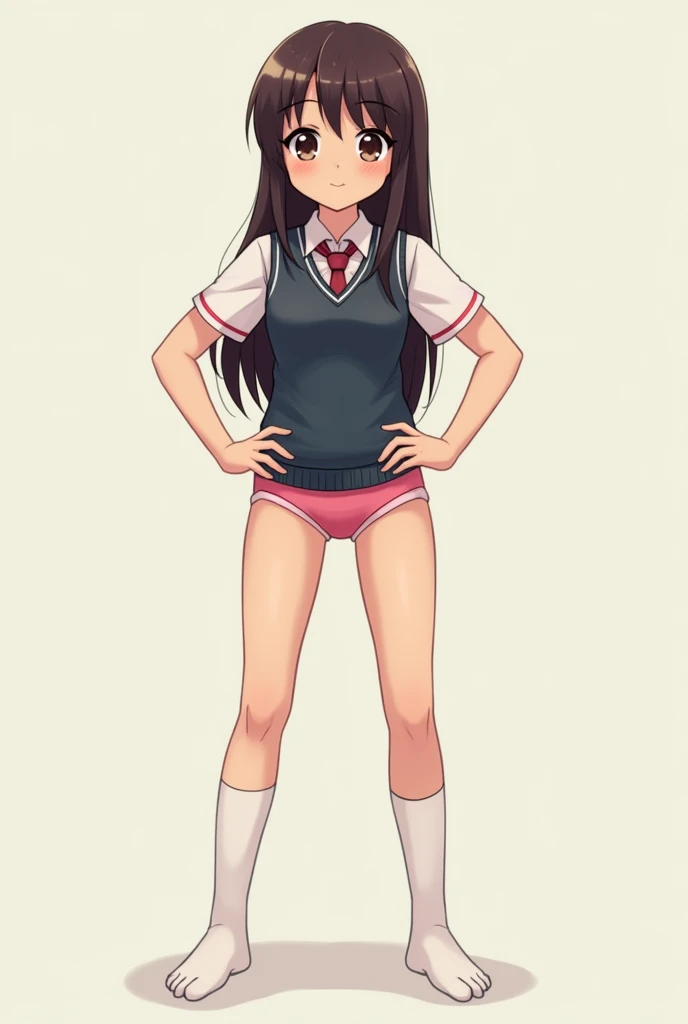 girl at school, Whole body, standing, Dark brown hair, open legs, hands on the hips, wearing a white shirt with a tie, social vest, Long socks, pink underwear, naked body