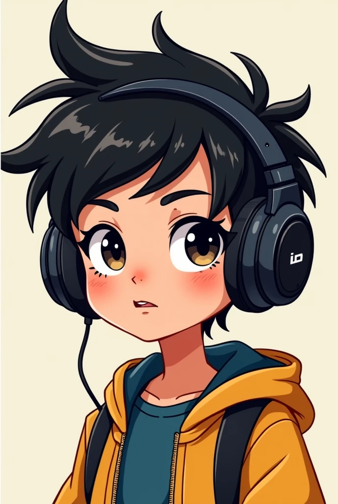 A tomboy girl with very short hair wearing black colored cartoon gamer headphones