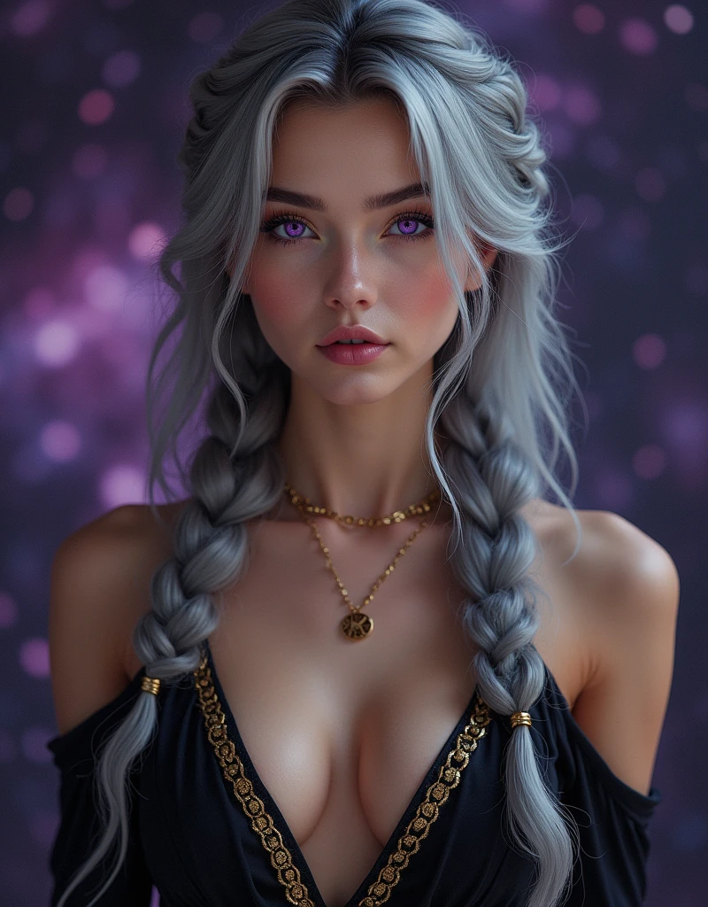 Create a virtual youtuber image, with long gray hair, braided, purple eyes, in a black dress with a low neckline and gold details, centered, symmetry, colored, difficult, Volumetric lighting, Beautiful, A masterpiece with rich, deep colours, Sharp Focus, Ultra detailed, in the style of Dan Mumford and Mark Simonetti, astrophotgraphy