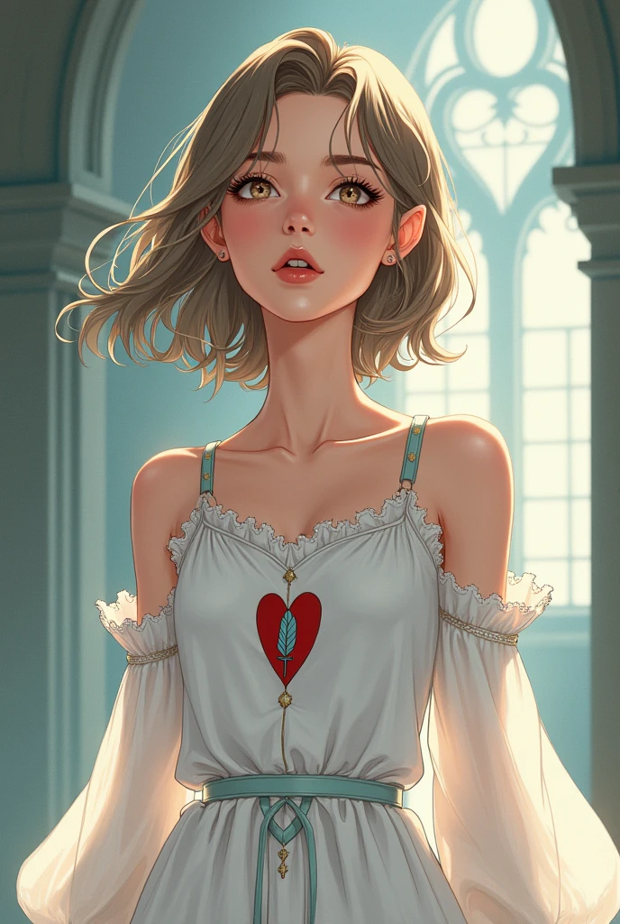 a young half-elf man with delicate, feminine features and shoulder-length light brown hair wearing a white medieval dress with a symbol of a light blue feather over a red heart drawn on the clothes at chest height, singing.
 anime style
