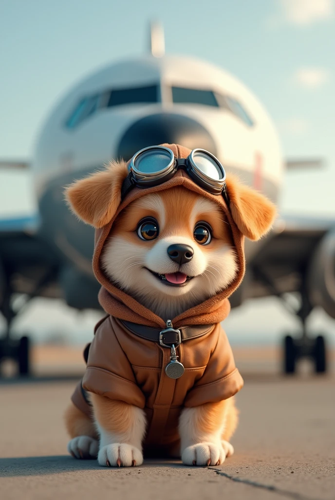 puppy　cute　Pilot costume　Airplane background　Real