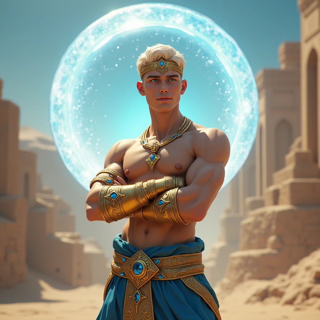 Young man with short blond hair, blue colored eyes, slight smile on your face, two blue marks around the eyes, wearing no shirt, wide blue pants with some details and similar to Arab pants, two gold bracelets with sapphires on the wrists, golden crown with sapphires and similar to a tiara on the forehead, gold necklace with sapphires, standing with arms crossed, a circle made of crystal clear water floating around the head, arab city in the desert, 独奏, Masterpiece artwork, precise, High details, 3D rendering, conceptual artwork, cinematic lighting, macro photography, 真实感, 