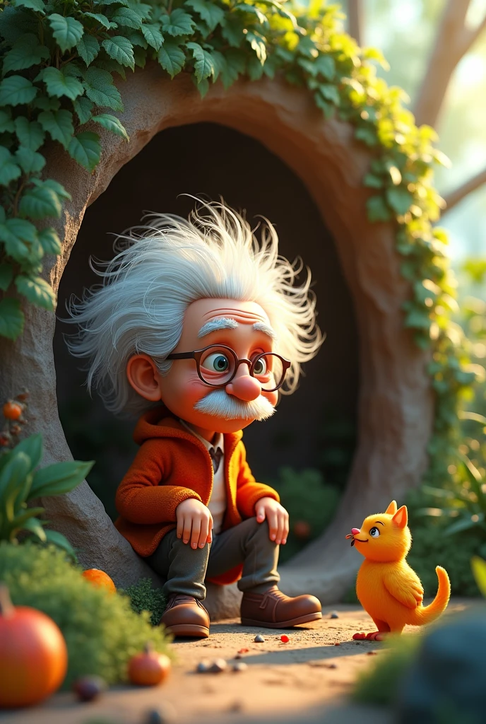 Cartoon-style 3D rendering, Albert Einstein with vibrancy, perched diligently at a snug cave entrance, forested landscape brimming with diverse foliage, hosting a golden, kitten-sized fur creature, munching gleefully under the watchful eye of its new caretaker, interplay of natural light and cave's interior emitting a distinct radiating warmth, foreground, midground, background, parrot,