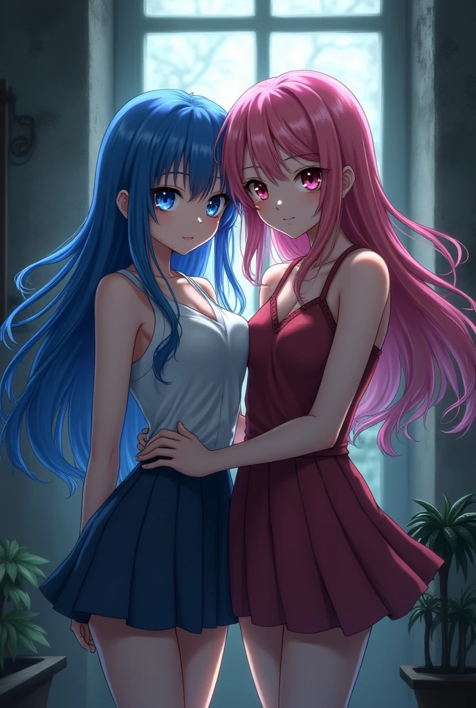 two anime woman one girl blue long hair and second girl pink long hair they’re best friend resident evil horror core game ps2 resident evil game photo