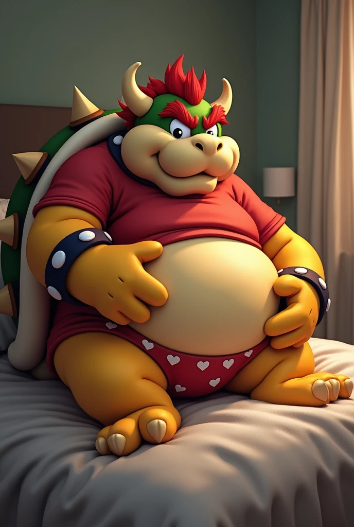 Bowser from Super Mario, Extremely obese, chubby, embarrassed, huge round belly, big moobs, heart underpants, red tight short sleeves t-shirt, laying on a bed, one hand on the belly