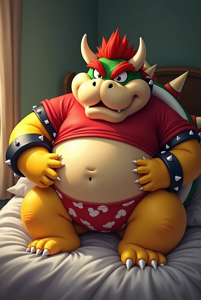 Bowser from Super Mario, Extremely obese, chubby, embarrassed, huge round belly, big moobs, heart underpants, red tight short sleeves t-shirt, laying on a bed, one hand on the belly