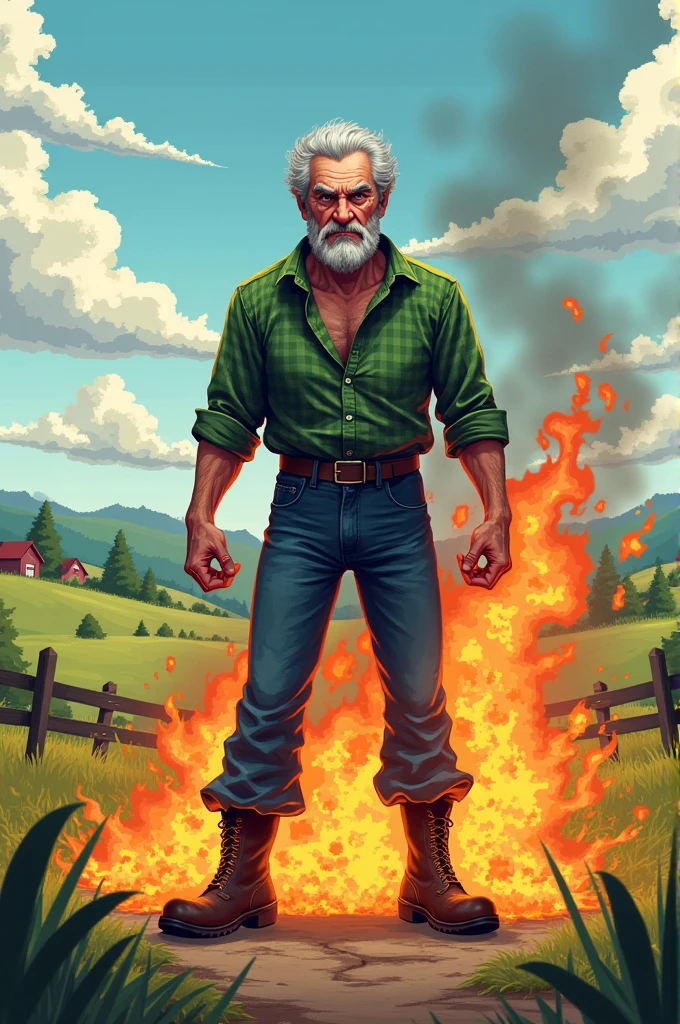70-year-old man with an angry face and no beard, gray hair, black eyes, wearing a green checkered shirt and jeans and boots on a small farm setting fire to the pasture in a pixa-style manner