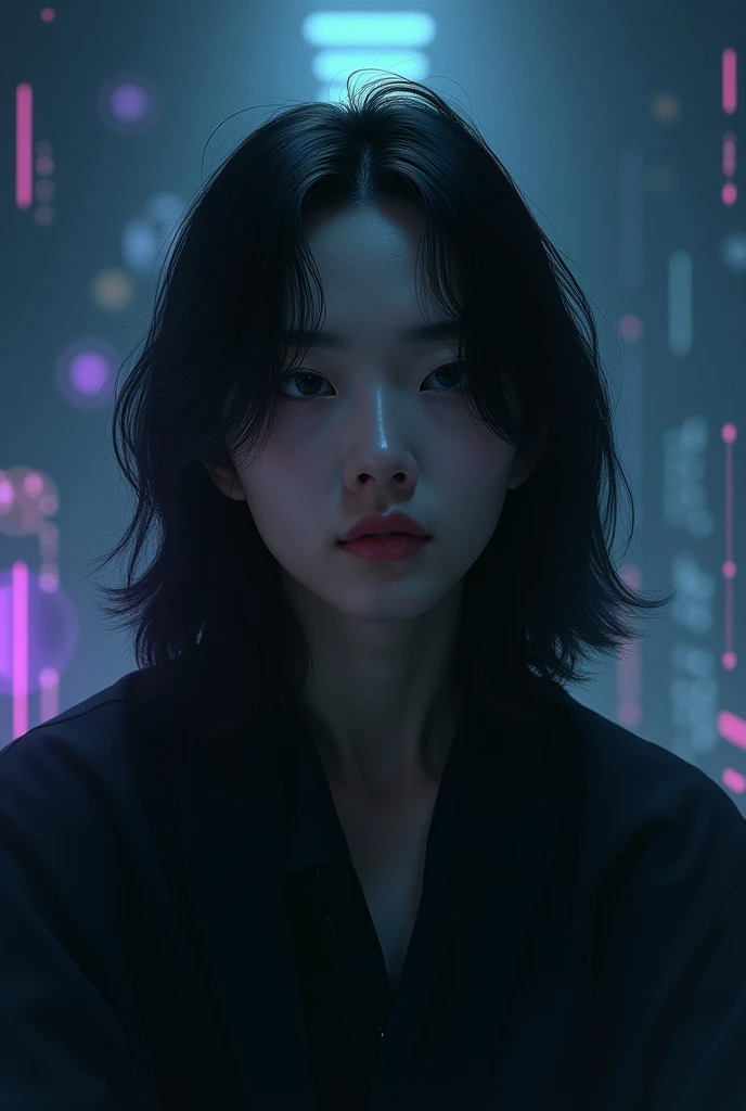 Asian k-pop boy who looks like DPR ian and the photo looks very real and he is in a dark place and in the background he has transparent colors and around him he has musical notes and he has long hair up to his ears and the word facneo is written in the background and he looks forward