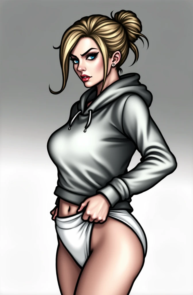 (masterpiece, best quality)), ((((perfect anatomy)))), Caucasian woman with tied blonde hair-bun, dark eye-shadow, downward curved nose, vibrant blue eyes, grey hoodie, tugging at (((white high cut cotton panties))), big hips, angry expression, walking around soldier barracks, (((photo realistic))), ((80's film, 80's movie scene, 80's TV Style))