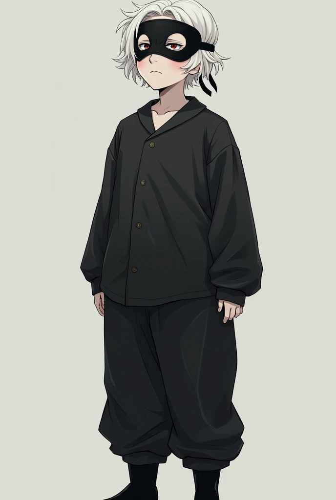 Create a semi-realistic style character as if it were a profile photo with these characteristics:
male gender, 14 years, Pale skin with large dark circles, white hair, medium complexion, not so high, He is wearing loose black pajamas, with a mask on his head.
She wears black boots and her hair is soft and fluffy with slight waves..
