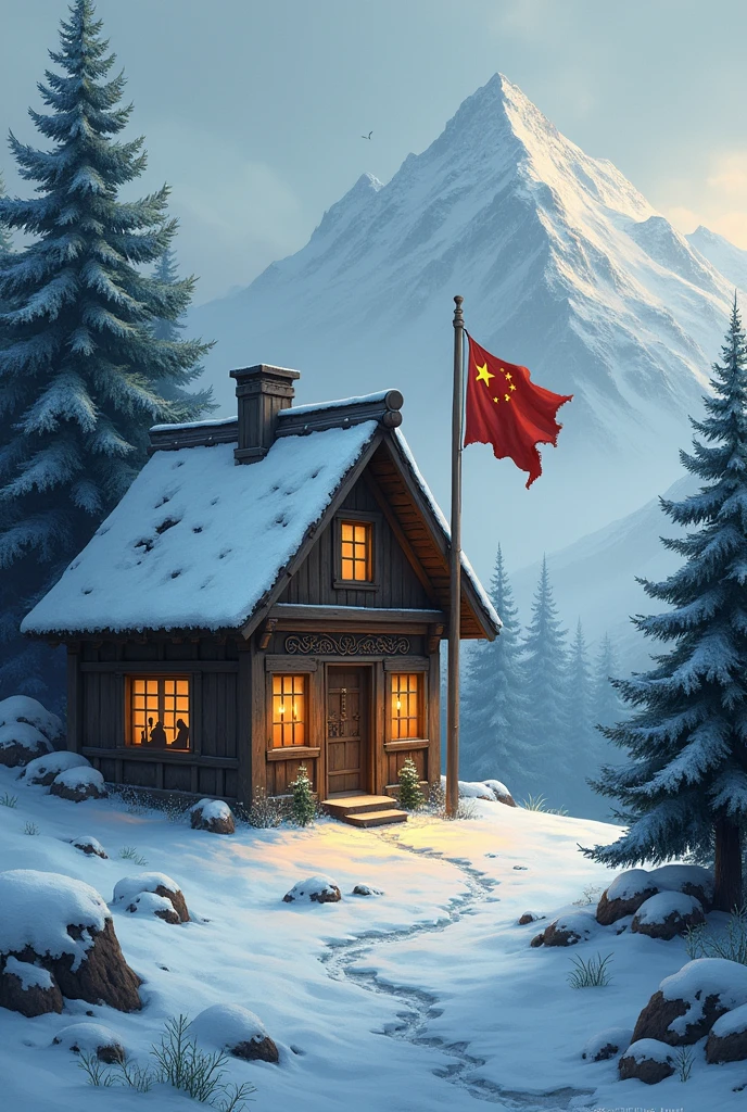 Medieval fantasy snow wooden house with old china flag