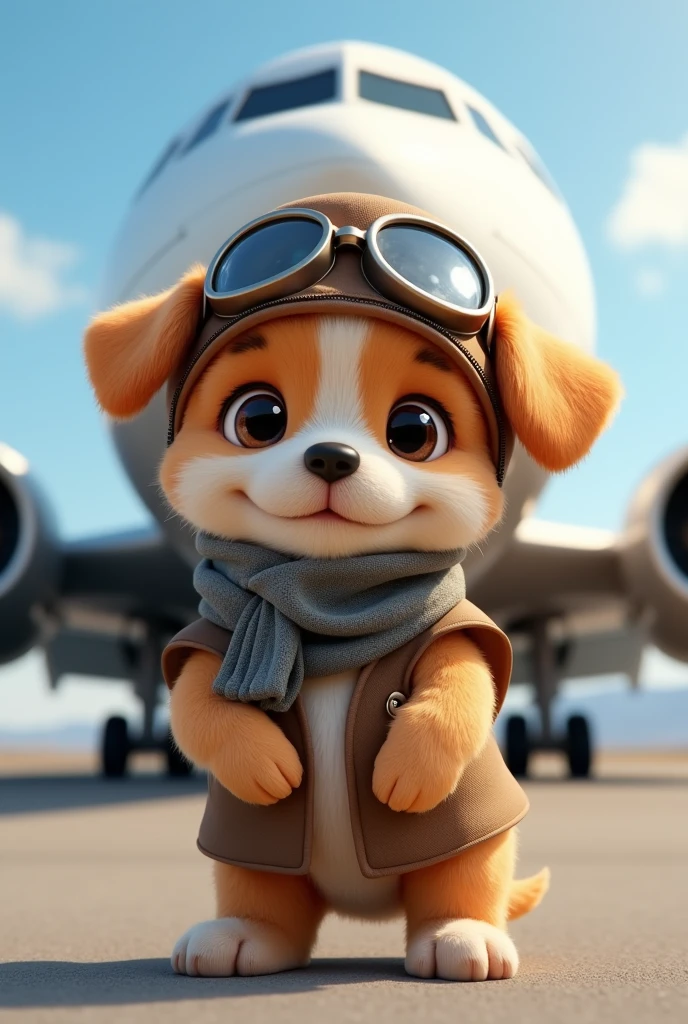 puppy cute Pilot costume Airplane background Real