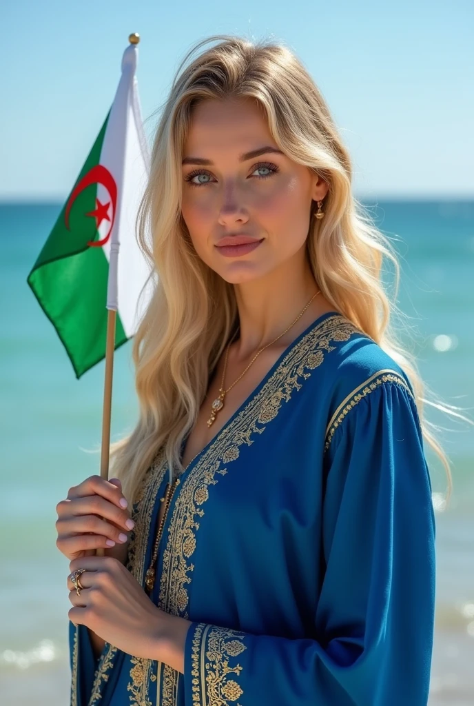 Close-up, blonde woman, Takhina, wearing a blue abaya, embroidered with gold, carrying the white and green Algerian flag, looking directly at the camera, she is standing on the shore of the blue sea.
