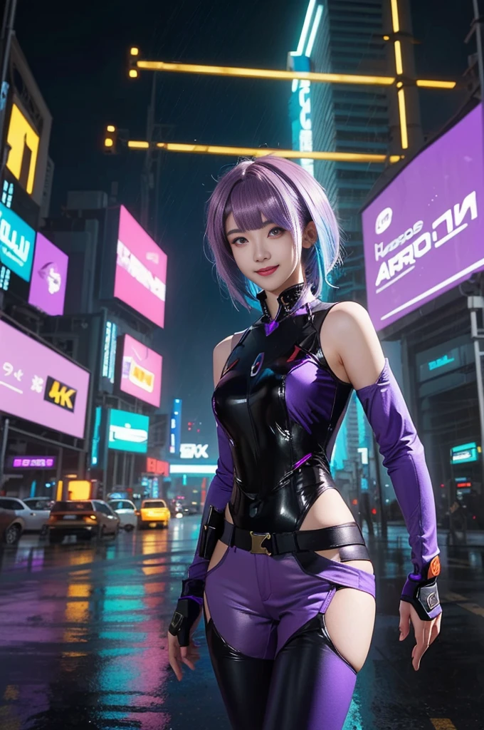 a close up of a woman in blue tights in a desert, blue iconic character, cyberpunk:0.8, ross tran 8 k, ross tran style, (hero pose), in the style of ross tran, 8k artgerm bokeh, rossdraws cartoon vibrant, very beautiful cute girl, ilya kuvshinov. 4 k, inspired by Ross Tran, (purple short hair:1.4), smile with teeth showing, rainy storm,