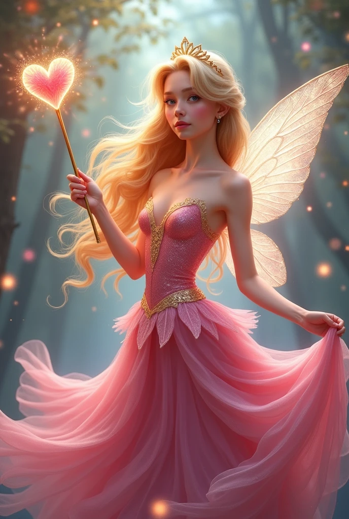 Disney's aurora as a fairy in a pink dress and has sparkly wings. She has a wand with a heart at the end of it.