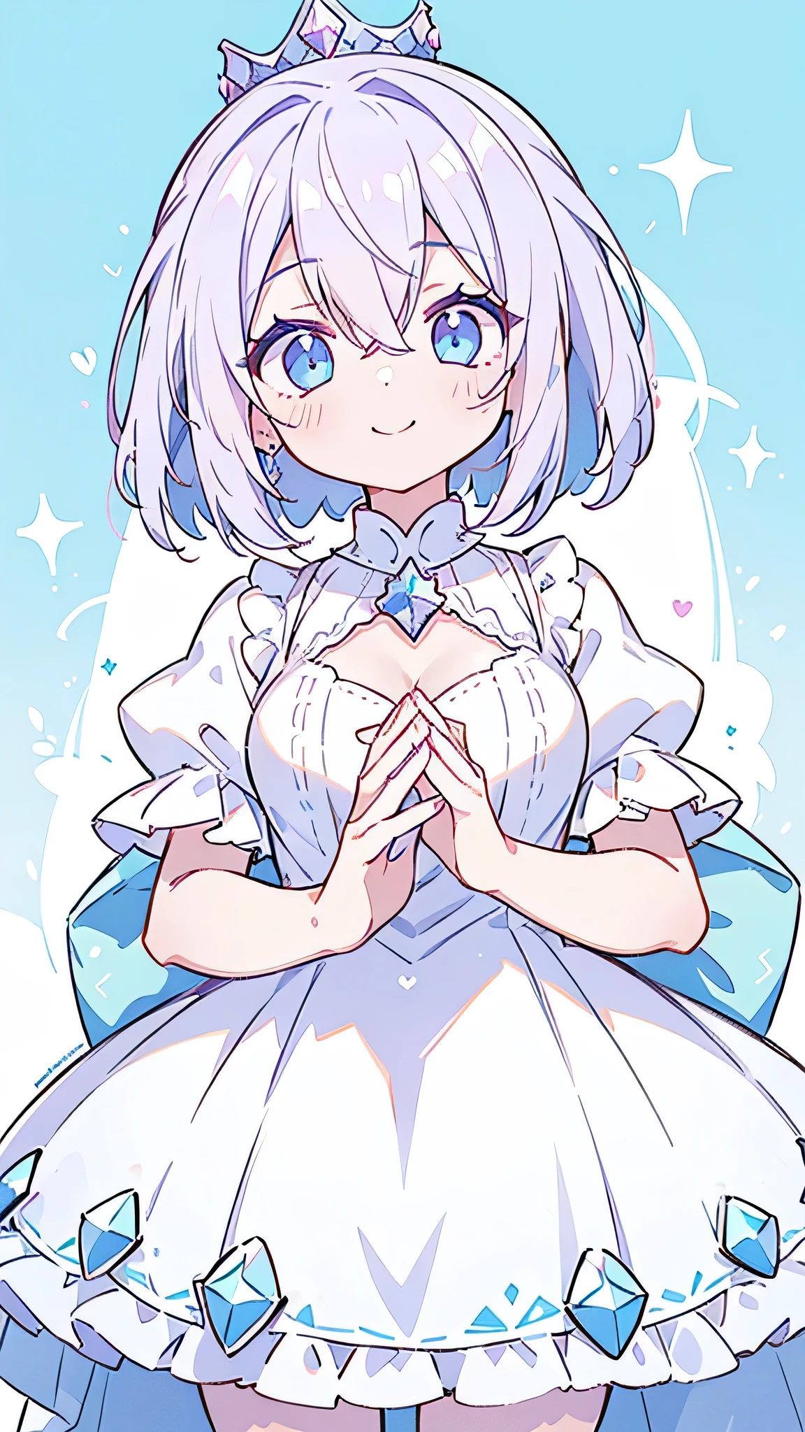 1girl, wearing a white gown, bob short purple hair, white diamond crown, hair between eyes, blush, smile, blue eyes, (pastel colors:1.3), best quality,4k,8k,detailed face Cowboy Shot