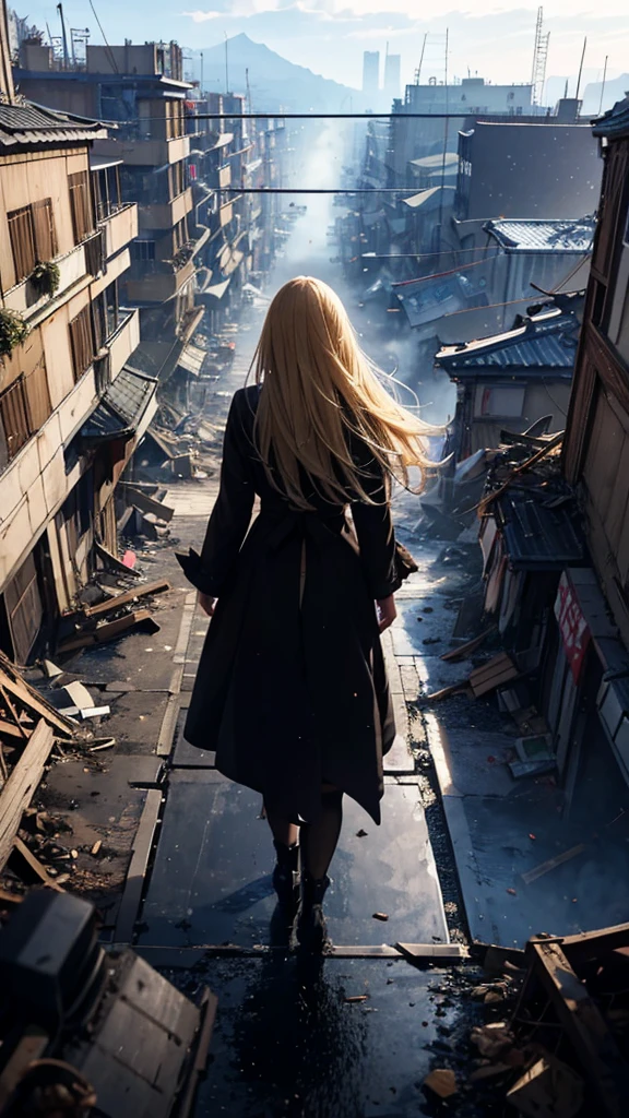 1people々々々々々々々々々々々々,Blonde long-haired woman,Long coat, Dress Silhouette, Rear View, Anime Style, Looking down from the rooftop at the rubble-covered city.,Collapsed building,Seeing missiles cover the sky,