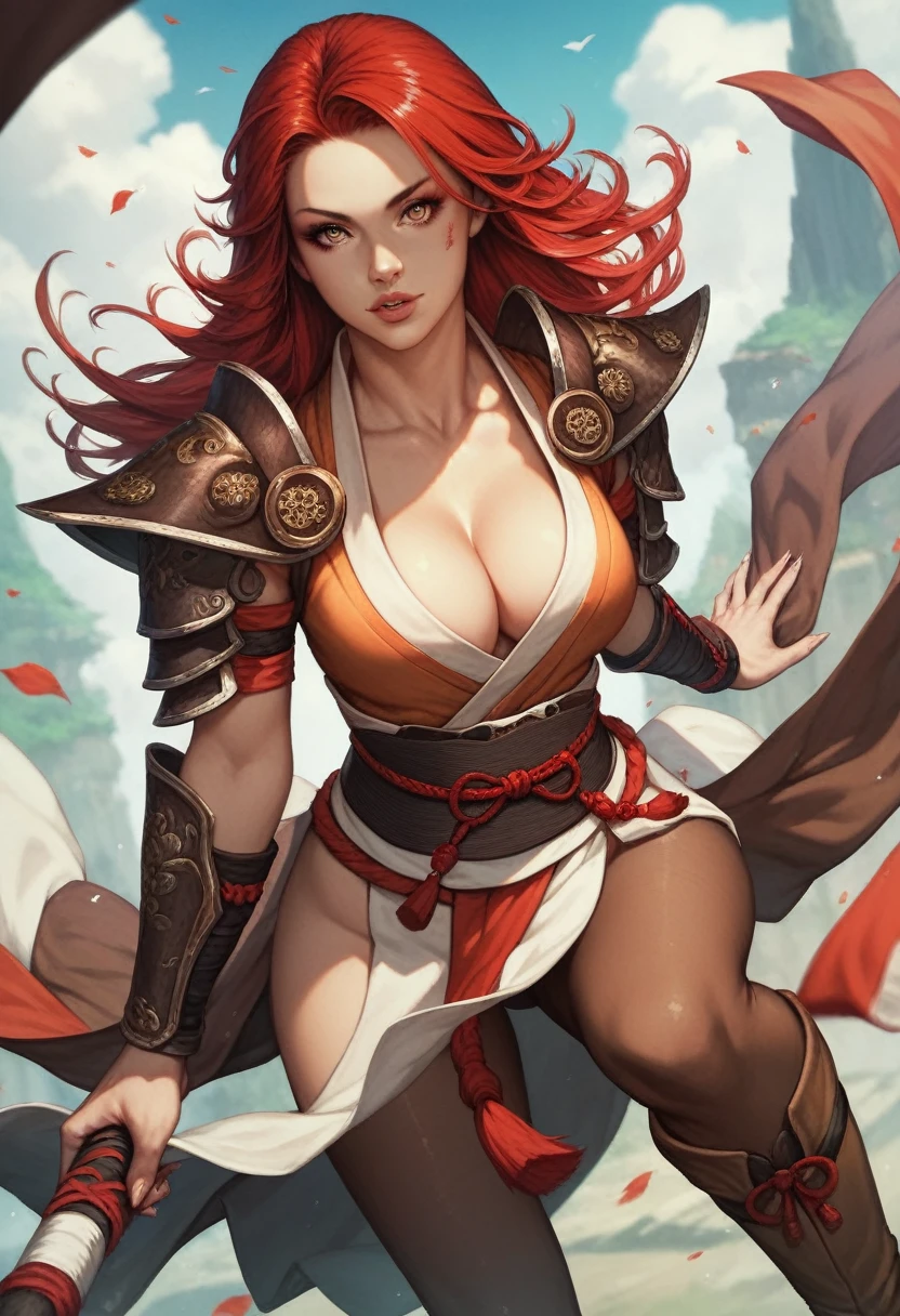 1girl, red hair, shoulder-length, detailed face, detailed eyes, detailed lips, japanese, cleavage, brown costume, samurai shoulder armor, ultra long fingernails, brown leggings, brown boots