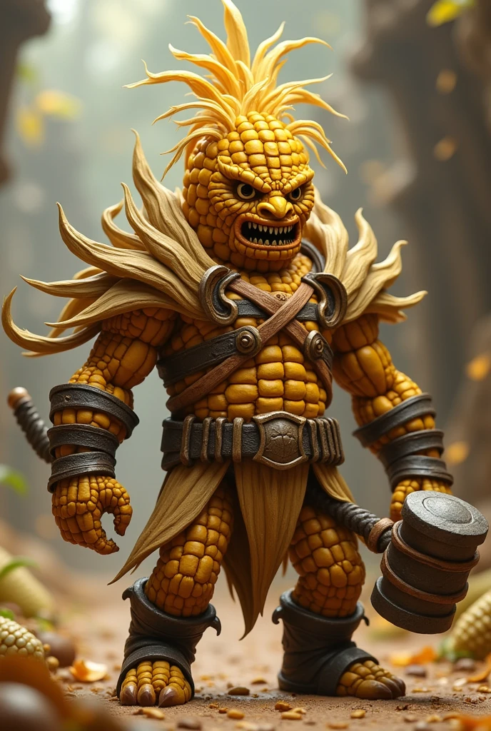 Make me a small avatar image of a corn doll to compete in an avatar battler tournament where they fight corn against corn , It can have 3D type armor and weapons with a lot of imagination, that same image you gave me but with a scary hammer and a bad face.