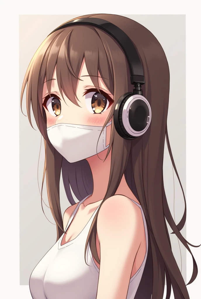 1 girl, 独奏, length hair, breasts, Brown hair, breasts, blushing, multiple views, Maske/Eye mask/mouth mask, headphones, アニメ, 