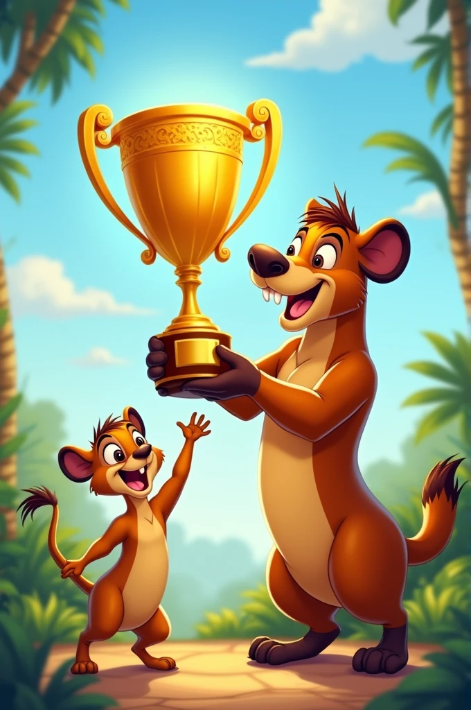 Timon and Pumbaa holding a trophy