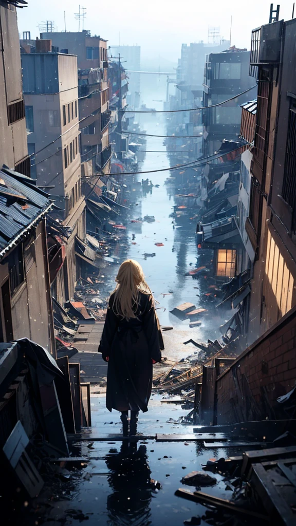1people々々々々々々々々々々々々,Blonde long-haired woman,Long coat, Dress Silhouette, Rear View, Anime Style, Looking down from the rooftop at the rubble-covered city.,Collapsed building,Seeing missiles cover the sky,