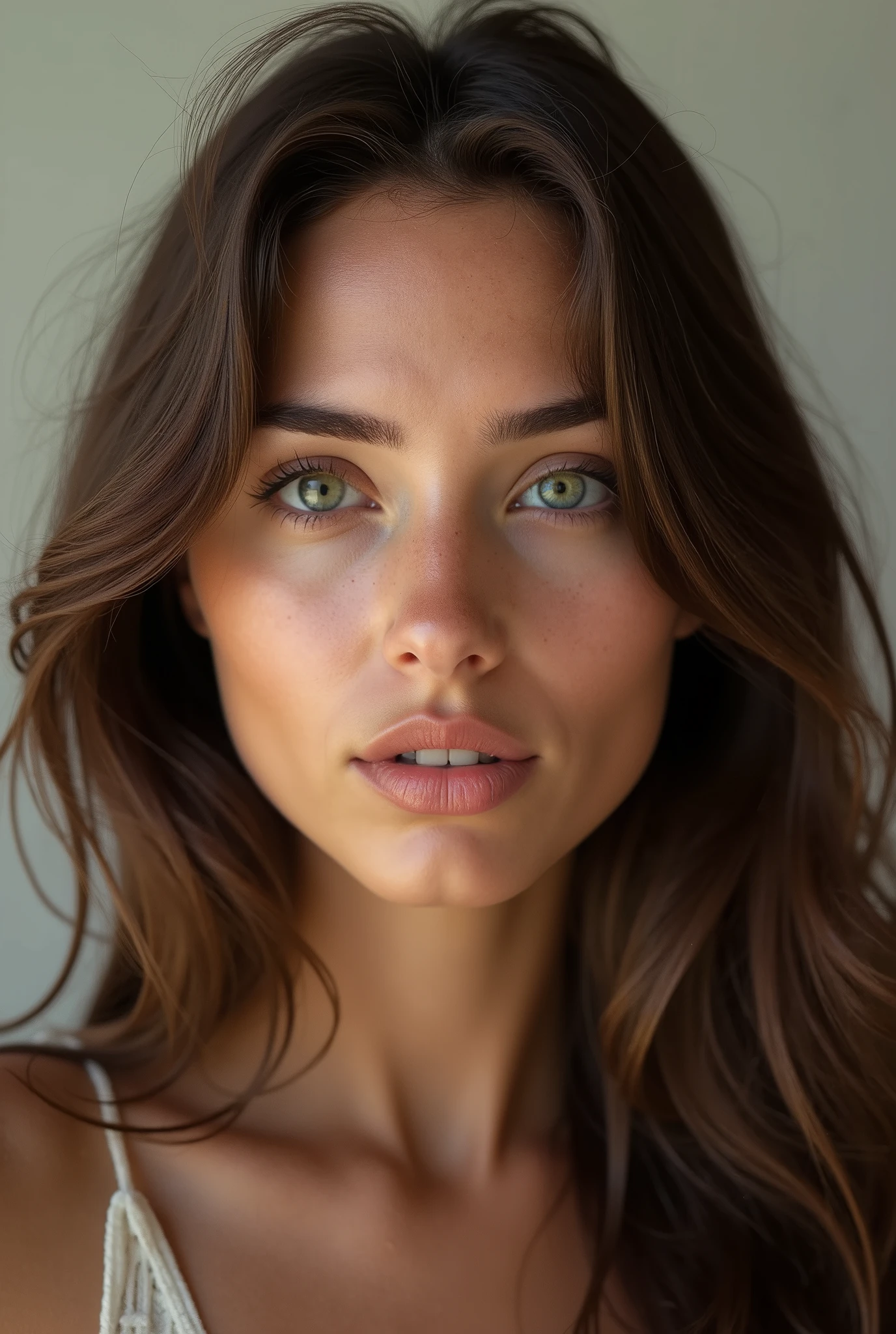 Photorealistic portrait of a 23 year-old Italian girl with long brown hair and striking and realistic green eyes. It must have a natural and accessible expression and Capture this image with a high-resolution photo using an 85mm lens for a flattering perspective.