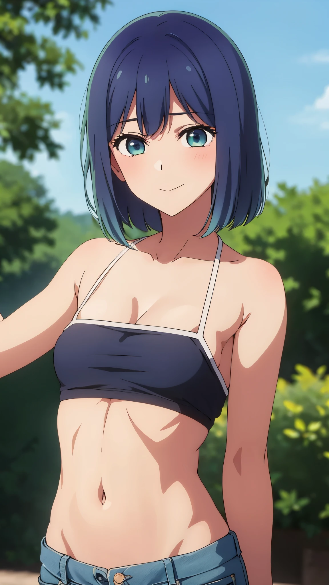 1girl, anime artstyle, masterpiece, highres, solo, 8k, detailed, perfect face, best quality, (ultra high quality), (looking at viewers), (armpit), collarbone, bare arms, bare shoulders, small breast, cleavage, dark blue hair color, short hair, belly, stomach, navel, abs, micro bikini, mini short, denim short, slim body, upper body, closed mouth, smile, blush, at forest, hand up