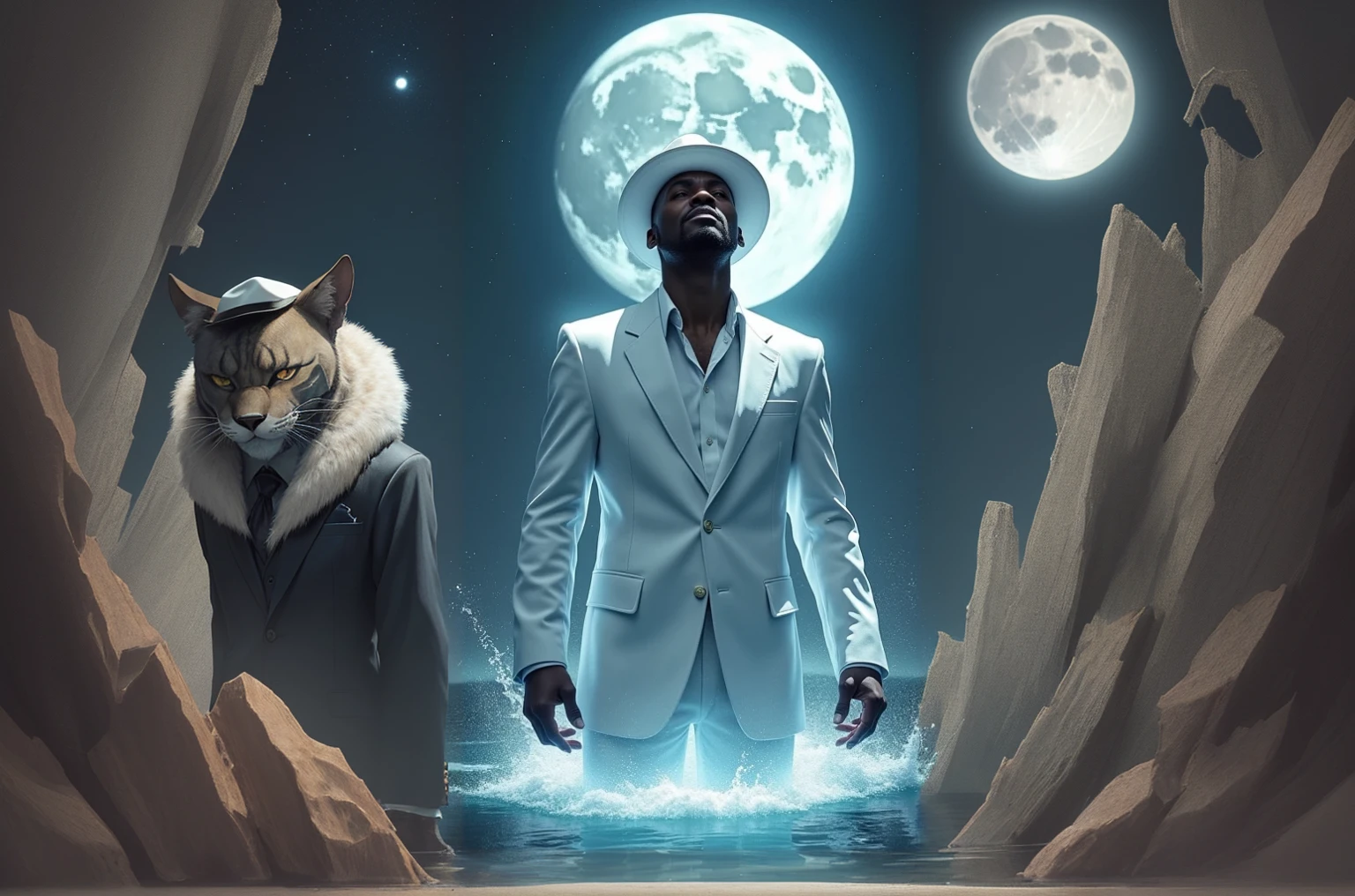 blacksad, in a suit and white hat, this is in a lake, in the background the full moon and the night sky.
