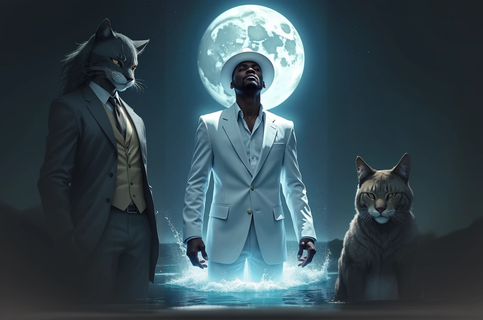 blacksad, in a suit and white hat, this is in a lake, in the background the full moon and the night sky.