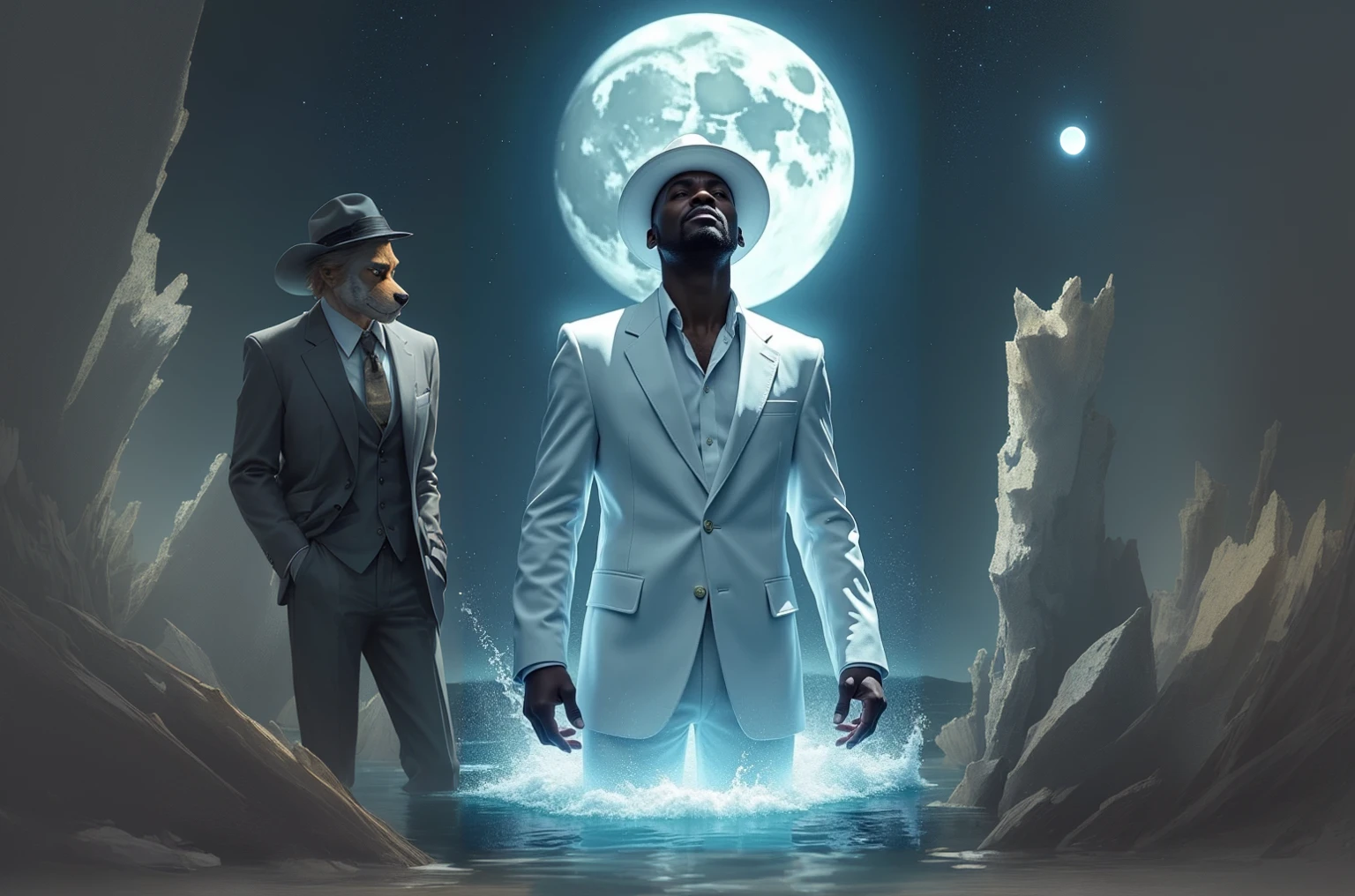 blacksad, in a suit and white hat, this is in a lake, in the background the full moon and the night sky.