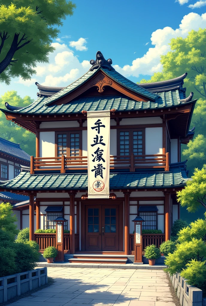 best qualityer,highy detailed,work of art,ultra detali,illustration,Yishuhui, architechture, plein-air, restaurant with vertical banner written in Japanese and no people 