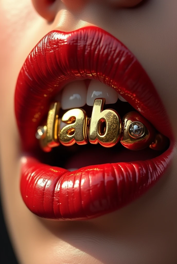 a realistic and vivid female mouth with red lipstick , with golden grillz forming the word 'LAB' " DELAXX"