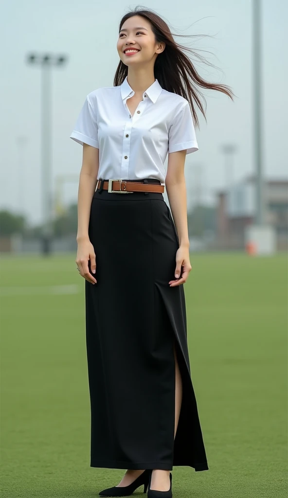 Thai-chinese 25s female superstar, Thai university uniform:1.4, black tight high slit long maxi skirt, slim and perfect figure, medium breasts, emphasize on breasts and hip and bottoms and thighs, rule of thirds, white cotton plain tight between cap-sleeve and short-sleeve button up shirt for woman, brown suede belt, silver modern minimal retangle plate belt buckle, silver shirt buttons, dynamic compositions, slender, photorealistic, gorgeous face, open mouth, smiling, full body shot, rule of thirds, arching her back pose:1.4, stretch both arms straight up to the side:1.4, both arms form letter V:1.5, open hands against the wind:1.4, tilt her head back:1.4, black plain high heels, in the soccer field, lordosis:1.4, keep feet together:1.4, side angle shot, straight legs