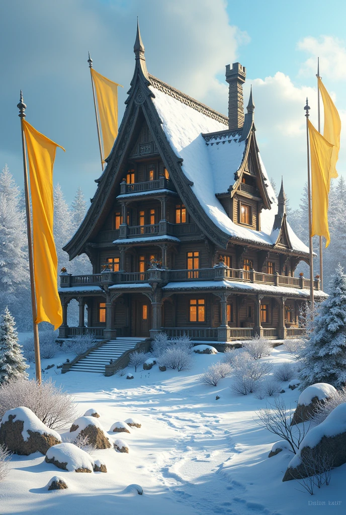 Medieval fantasy big snow wooden house with multiple yellow flags