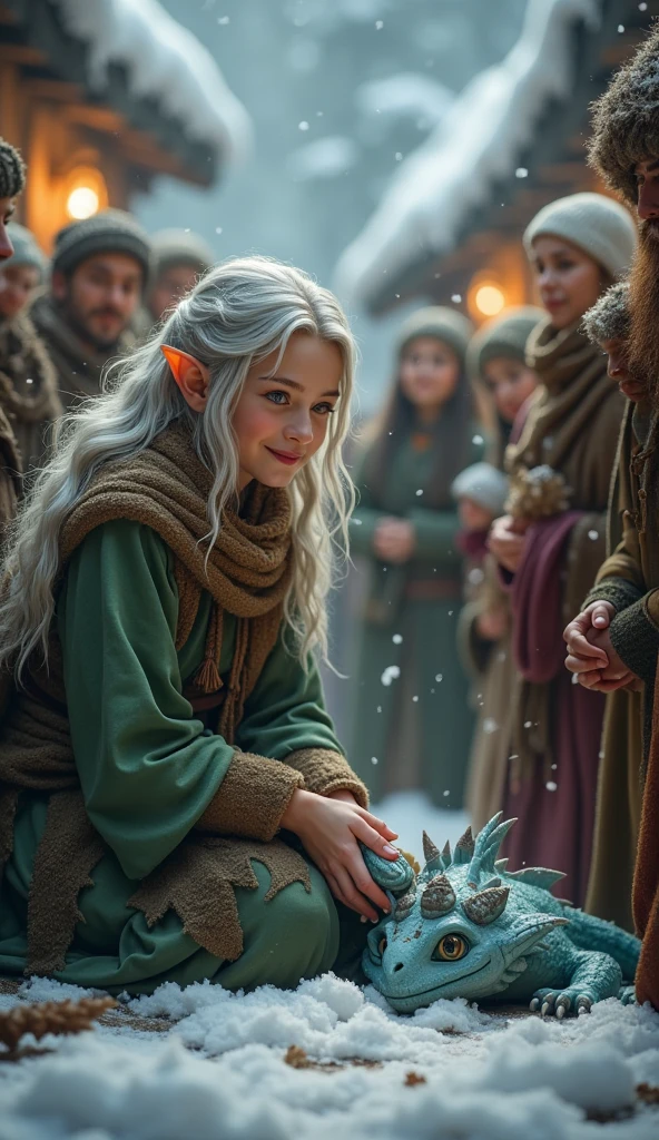The villagers surround one young and charming female elf with flowing silver hair, wearing warm winter clothing made of green and brown fabrics, and a small, light blue dragon that is dead. The villagers expresses gratitude. They offer food, blankets, and magical herbs to the young elf's home. The scene shows warmth and community, with magical lights glowing in the village and snow gently falling and melting. the female elf smiles softly as she watches over the dragon, her heart full.