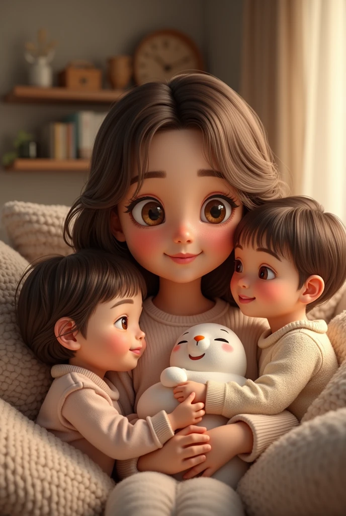 Generate a family with a chubby mom, brown hair with blond highlights, Brown eyes.