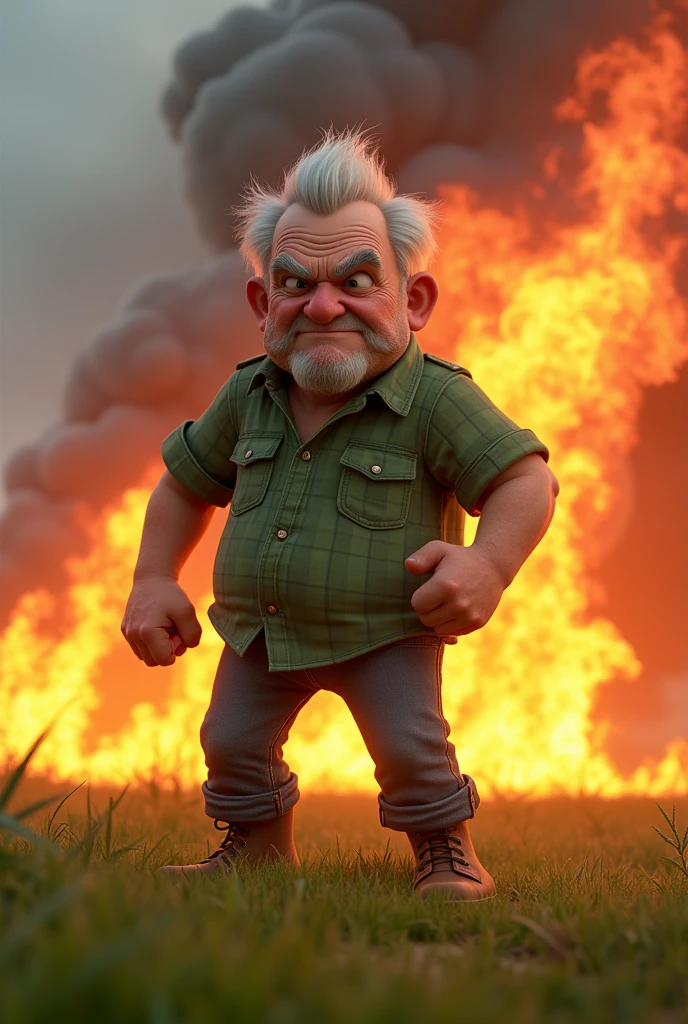 70 year old man with an angry face without a beard, gray hair, black eyes, wearing a green checkered shirt and jeans and boots on a small farm setting fire to the pasture, Pixar 3D Disney style 