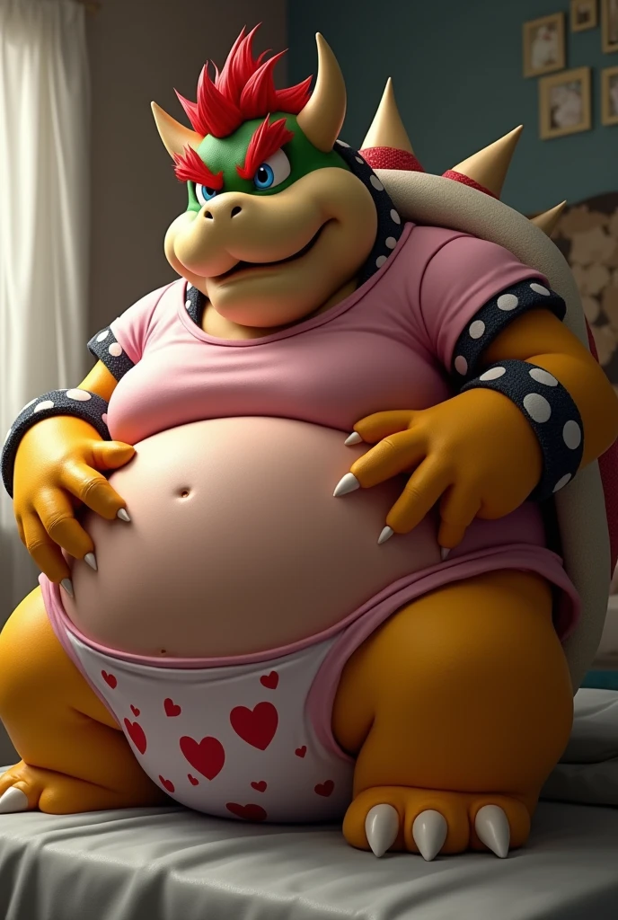 Bowser from Super Mario, Extremely obese, chubby, embarrassed, huge round belly, big moobs, heart underpants, pink tight short sleeves t-shirt, laying on a bed, one hand on the belly