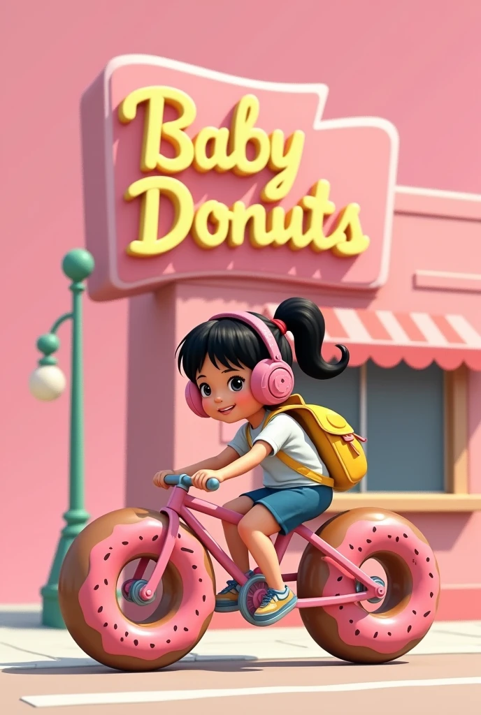 You are an expert in graphic design of illustrations, I need you to give me an image of a girl with a ponytail and dark hair, polish pink, pedaling a bike with pink headphones that are donuts, In addition to this, the wheels of the bicycle are donuts along with its yellow backpack, and in the background a donut shop with a large pink background logo sign whose name is Baby Donuts with bold handwritten typography in a pastel yellow that contrasts with the pink, let it be real not so animated 