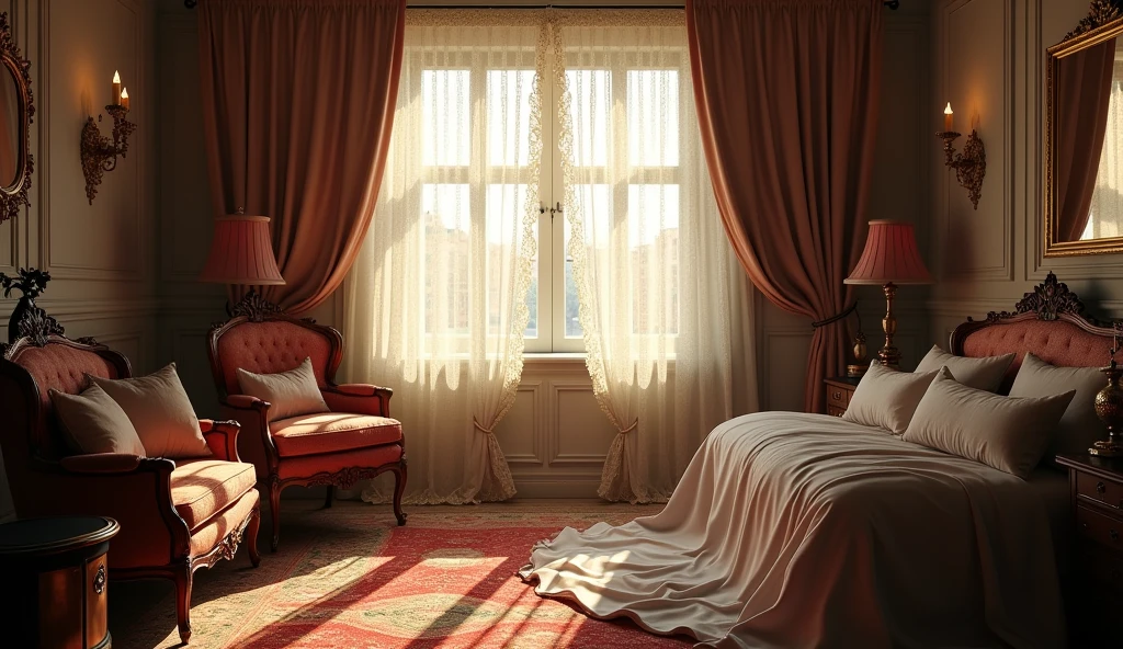 room with lace curtains, elegant, bondage, without people