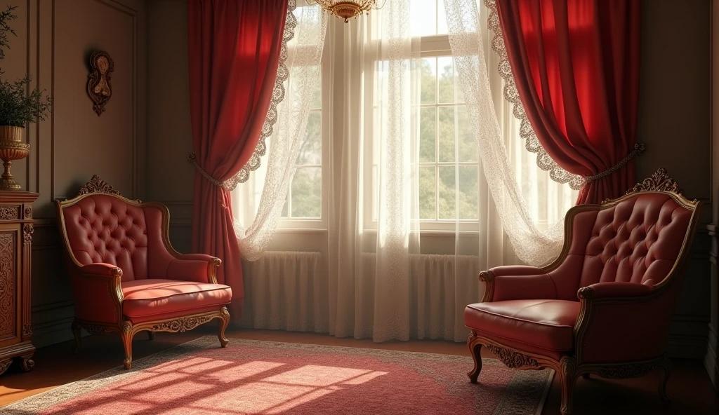 room with lace curtains, elegant, bondage, without people