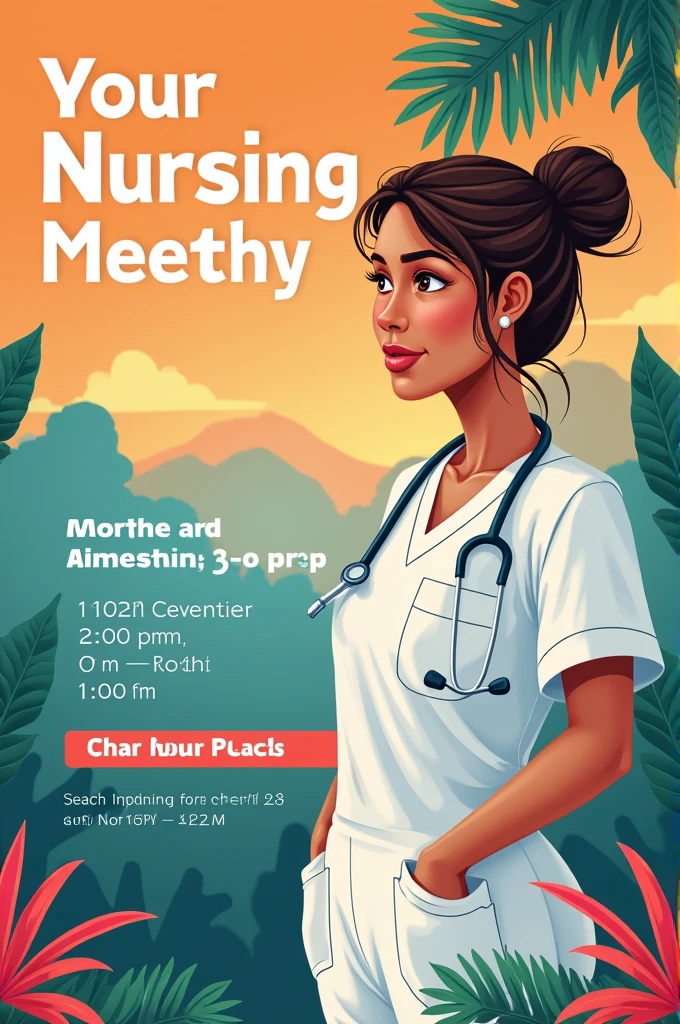 Create a poster in Latin American Spanish with a nurse in the background that says Monthly nursing meeting Nursing coordination location Time 2 pm Date September 3, 2024 And at the end a motivational message