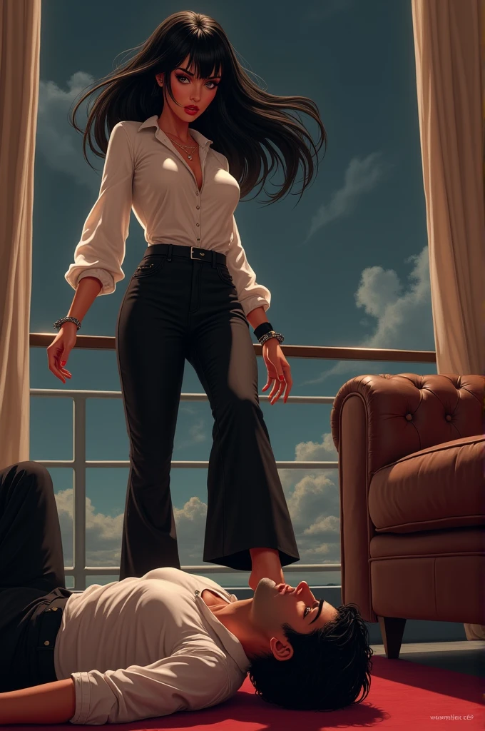 Beautiful Mistress,black bangs hairs,short height, wearing black boot-cut pants, wearing white blouse, wearing black short heel sandals,mistress shouting on man,man wearing suit, trampling man's face, man's face trampled by mistress foot , mistress puts her foot on man's face,man under mistress foot, man's face trampled by mistress foot, man lying down under mistress, man are handcuffed, surrendering against mistress, mistress victory posing on man, foot on face, femdom, penthouse , night