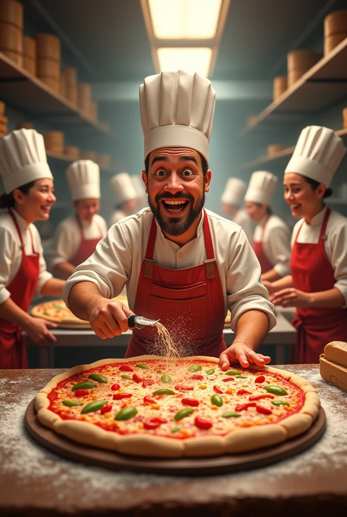 A baker making a pizza with his employees