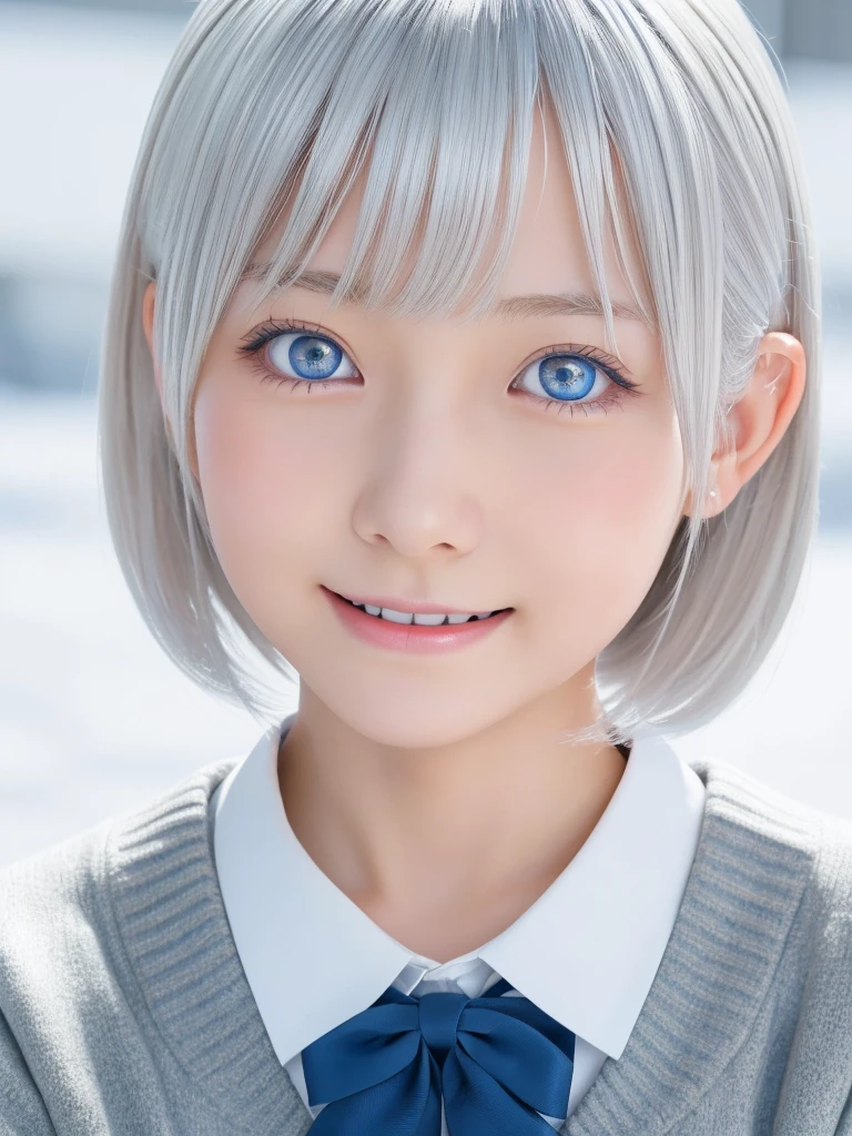 a young beautiful Japanese girl with short platinum silver hair,large bright pale blue eyes,droppy eyes,a balanced gaze,and a sweet smile,Nordic Beaute wearing a detailed school uniform,highly detailed and realistic, 8K,ultra-detailed,photorealistic,masterpiece,Highres fix,(Orgasm face:1.25)