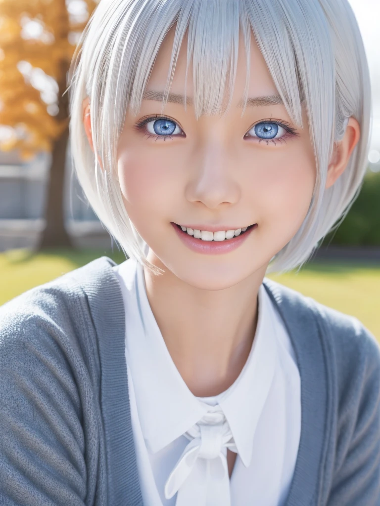 a young beautiful Japanese girl with short platinum silver hair,large bright pale blue eyes,droppy eyes,a balanced gaze,and a sweet smile,Nordic Beaute wearing a detailed school uniform,highly detailed and realistic, 8K,ultra-detailed,photorealistic,masterpiece,Highres fix,(Orgasm face:1.25)