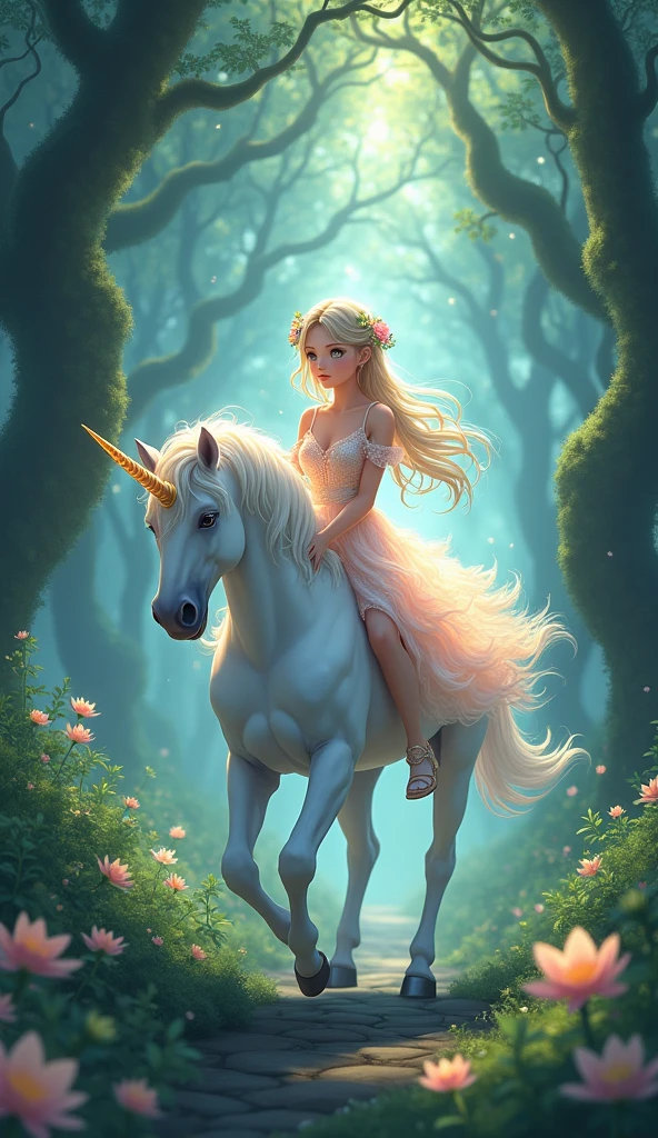 A beautiful anime-style girl riding a majestic unicorn through a mystical forest. The girl has long, flowing hair that cascades down her back, adorned with delicate flowers and leaves, blending with the enchanting environment. She wears an elegant, ethereal dress that seems to shimmer with magic, its soft colors complementing the natural hues of the forest. The unicorn beneath her is pure white, with a shimmering, spiraled horn that glows faintly in the dim light. The forest around them is dense with ancient trees, their bark twisted and covered in luminescent moss. Soft beams of light filter through the thick canopy, illuminating patches of the forest floor where delicate, glowing flowers bloom. The air is filled with a faint, magical mist that adds to the dreamlike atmosphere. The girl’s expression is one of serenity and wonder as she rides gracefully, her hand gently resting on the unicorn’s mane, as if they are both in perfect harmony with the mystical surroundings.
