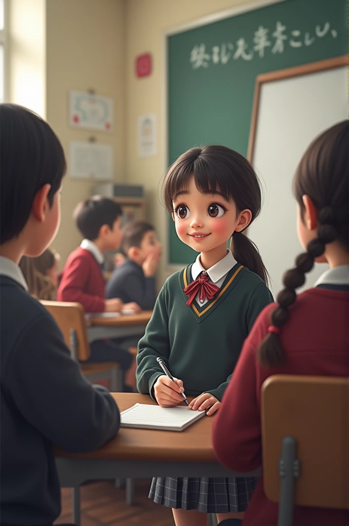 Ek baccha uniform class mein khada ho aur copy pi rahe hain aur usse baat kar raha white board ke aage